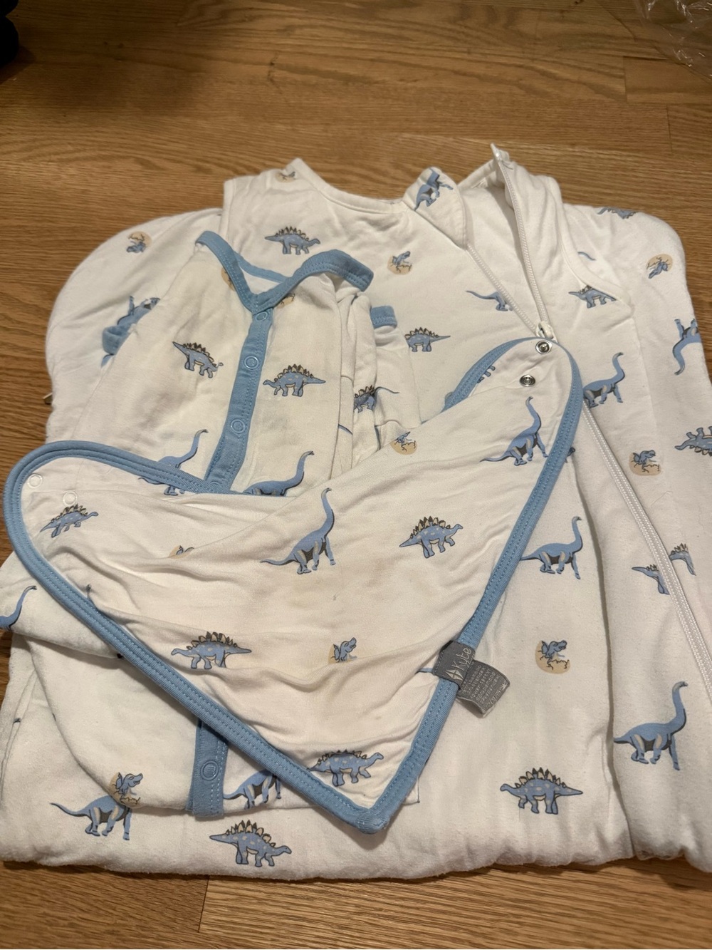 Kyte BABY White Sleep Sack & Pajama Set with Blue Dino Trim